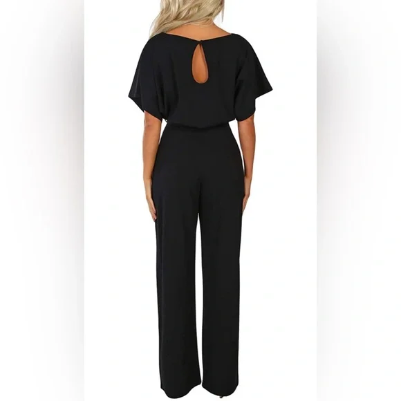 NWOT Women Casual Loose Short Sleeve Belted Wide Leg Pant Romper Jumpsuits Black - Picture 3 of 5